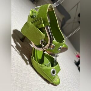 Green satin Manolo Blahnik big buckle